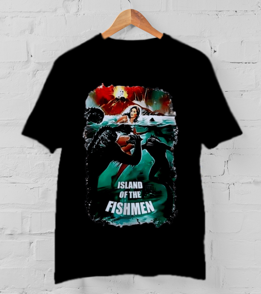 Island Of The Fishmen Vintage Movie Scene With Sea Monsters And Volcano T-Shirt