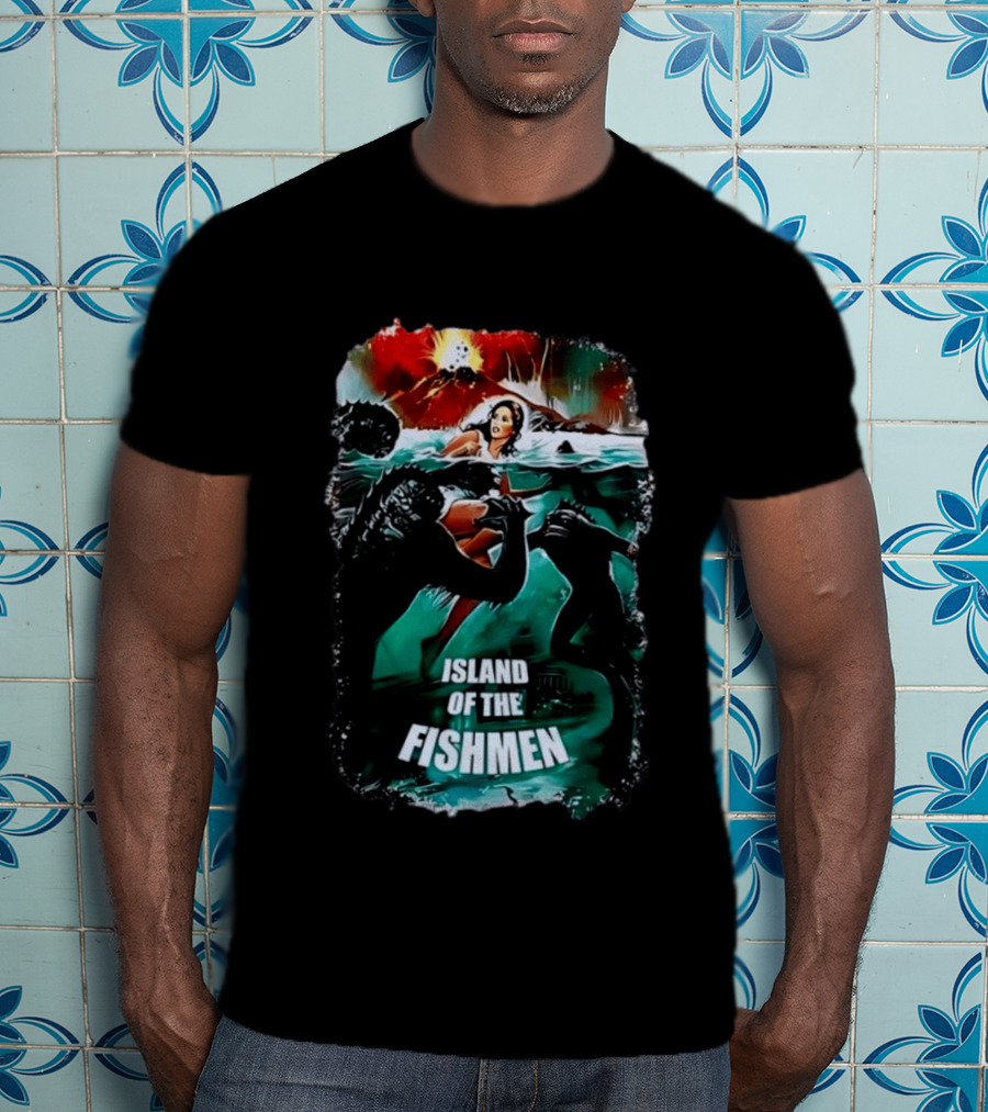 Island Of The Fishmen Vintage Movie Scene With Sea Monsters And Volcano T-Shirt