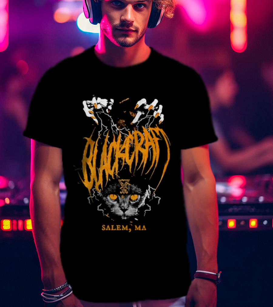 Blackcraft Salem MA Cat Occult Theme With Leviathan Cross T-Shirt