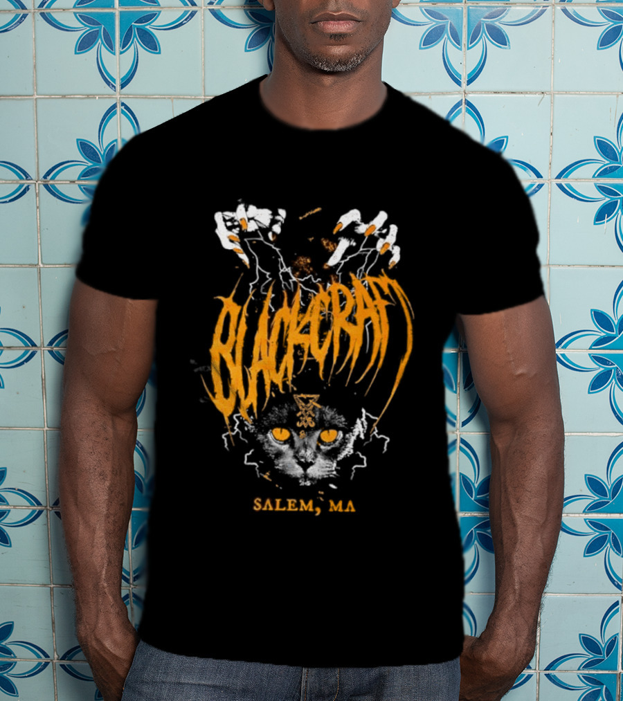 Blackcraft Salem MA Cat Occult Theme With Leviathan Cross T-Shirt
