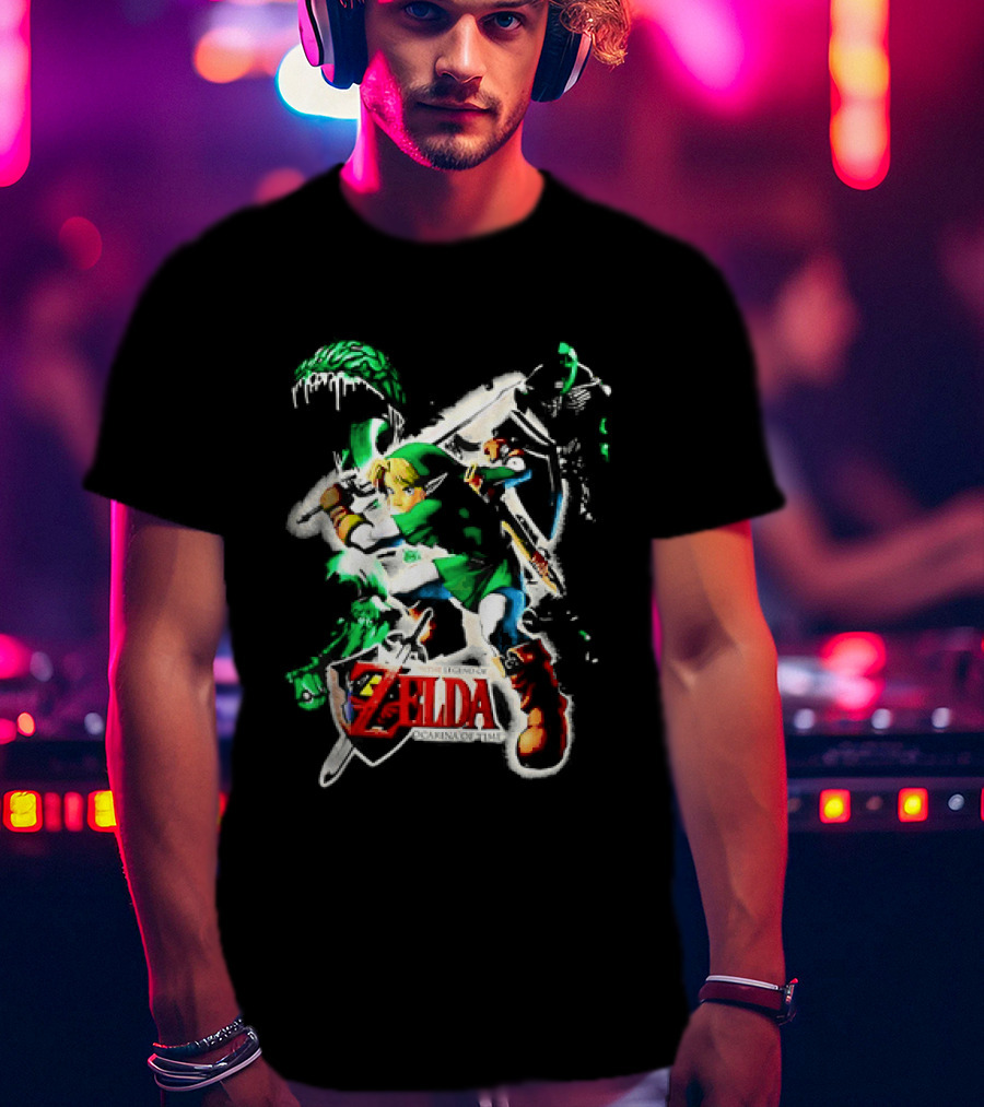 Legend Of Zelda Ocarina Of Time Link Fighting Enemies T-Shirt