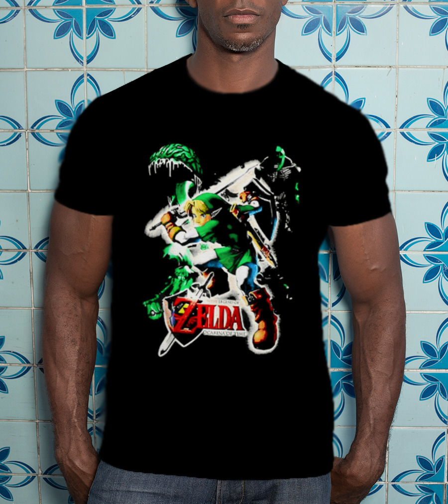 Legend Of Zelda Ocarina Of Time Link Fighting Enemies T-Shirt
