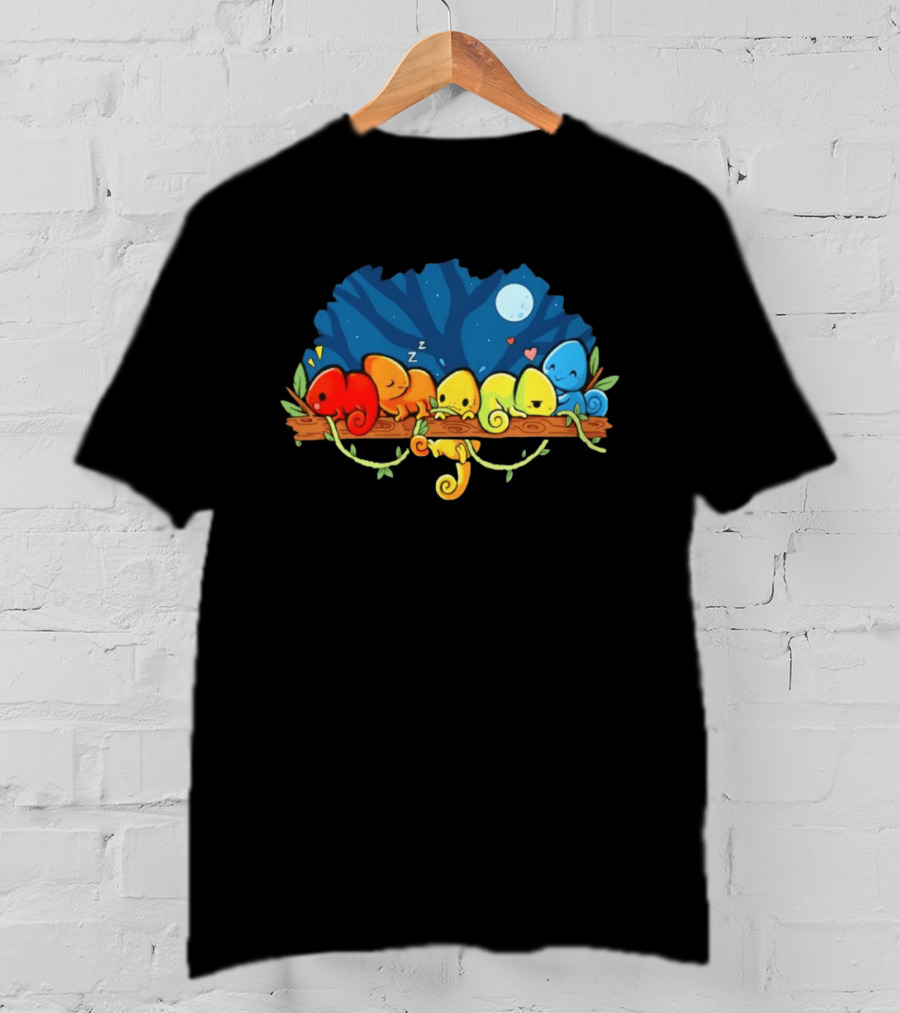 Colorful Chameleons Sitting On A Tree Branch Under Night Sky With Moon And Hearts T-Shirt
