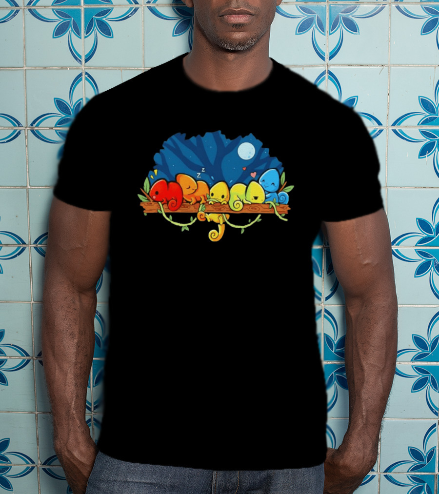 Colorful Chameleons Sitting On A Tree Branch Under Night Sky With Moon And Hearts T-Shirt
