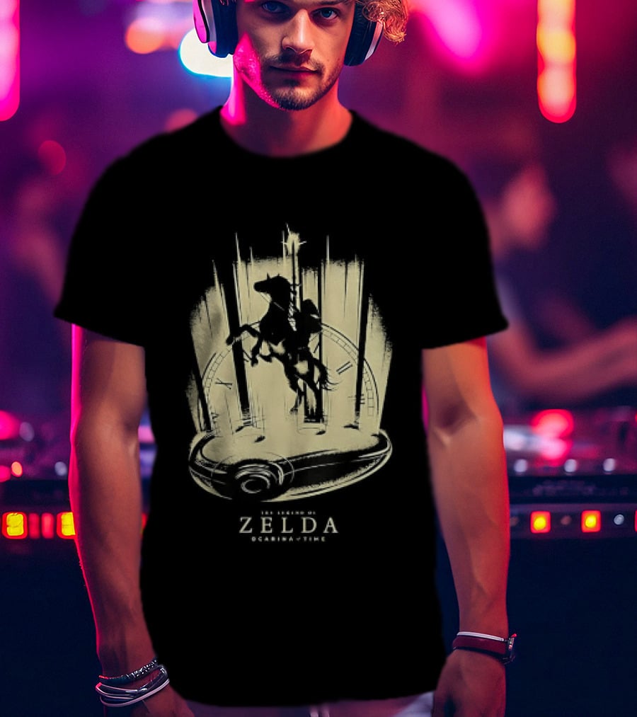 Link Riding Epona Castle Background Zelda Ocarina Of Time T-Shirt