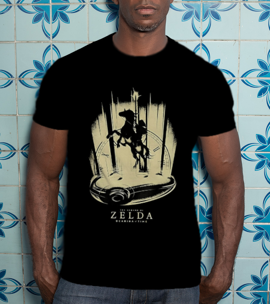 Link Riding Epona Castle Background Zelda Ocarina Of Time T-Shirt