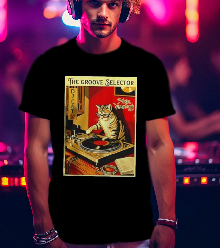 The Groove Selector DJ Cat Vinyl Vibrations Turntable Music Lover T-Shirt