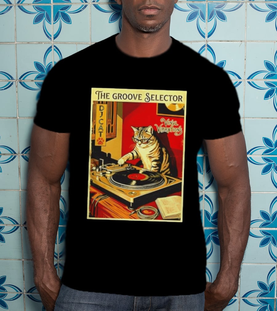 The Groove Selector DJ Cat Vinyl Vibrations Turntable Music Lover T-Shirt