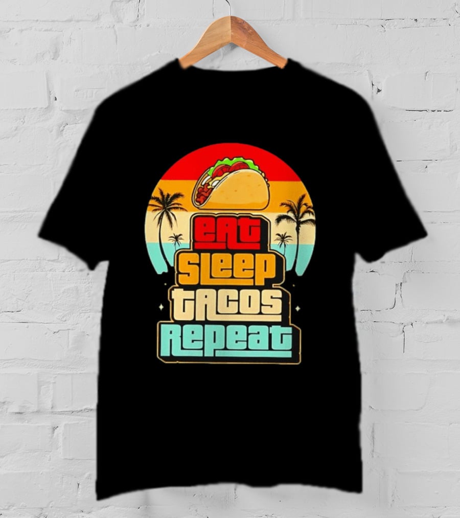Eat Sleep Tacos Repeat Gaming Retro Sunset Palm Trees T-Shirt