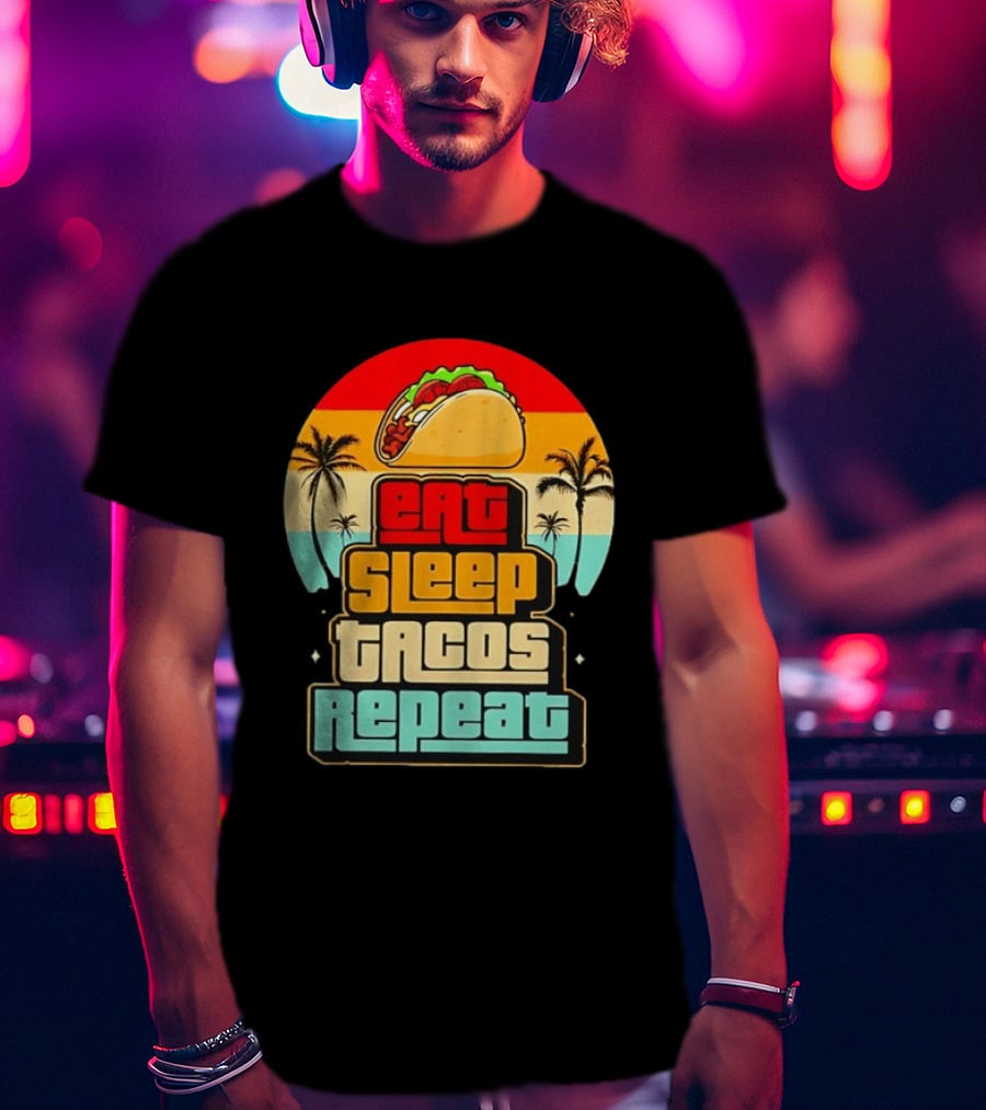 Eat Sleep Tacos Repeat Gaming Retro Sunset Palm Trees T-Shirt