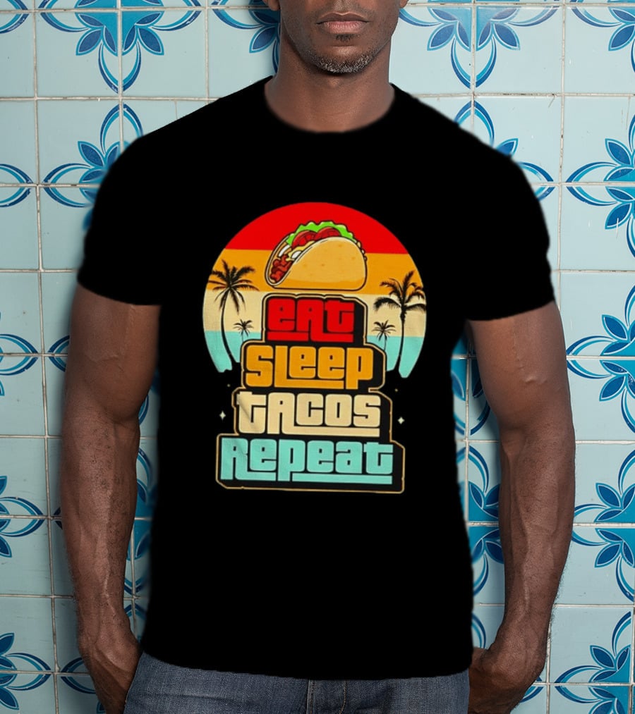 Eat Sleep Tacos Repeat Gaming Retro Sunset Palm Trees T-Shirt
