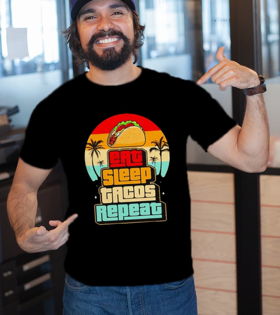 Eat Sleep Tacos Repeat Gaming Retro Sunset Palm Trees T-Shirt