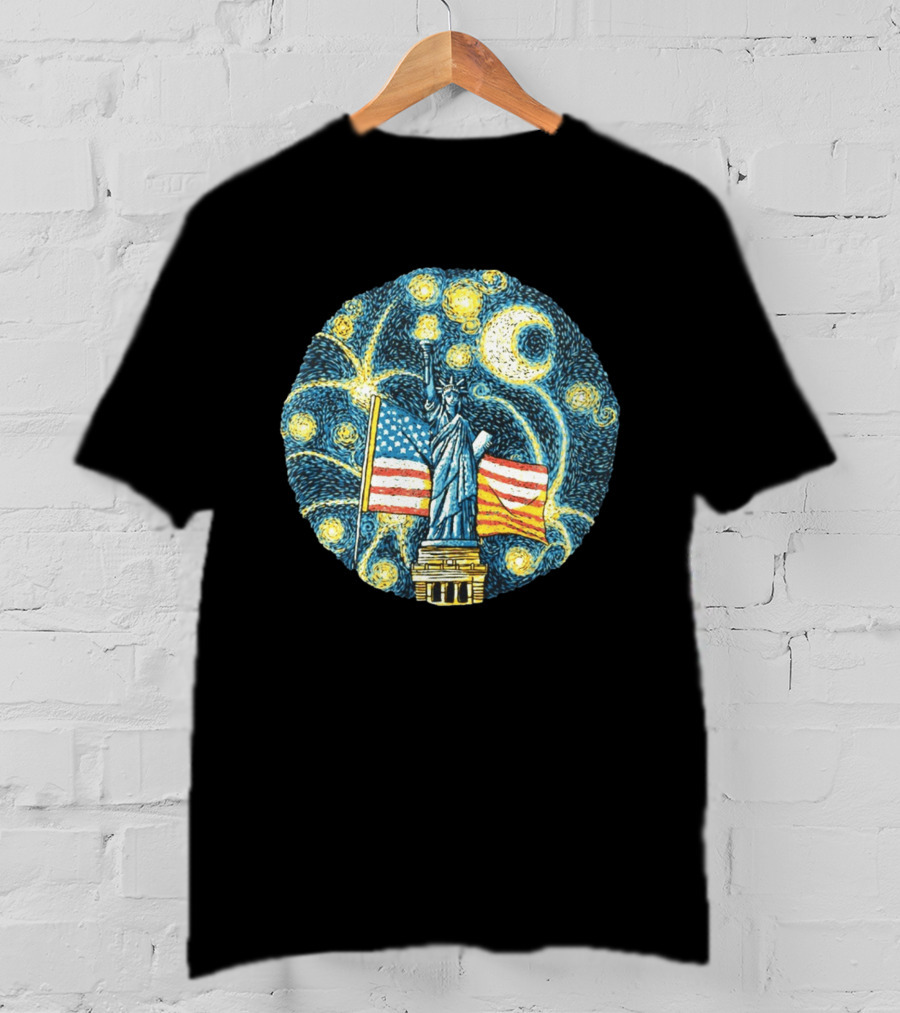 Statue Of Liberty USA Flag Firework Starry Night T-Shirt