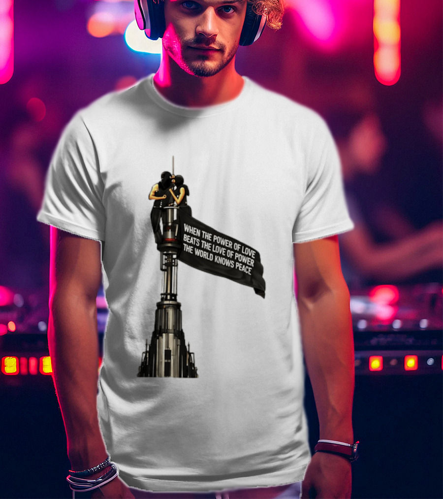 Angela Nikolau And Ivan Beerkus Love And Peace Flag On Empire State Building T-Shirt