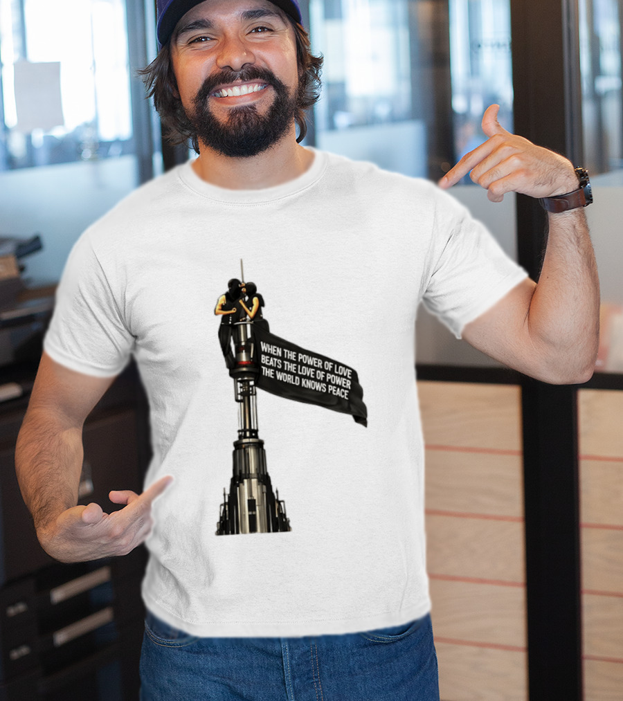 Angela Nikolau And Ivan Beerkus Love And Peace Flag On Empire State Building T-Shirt
