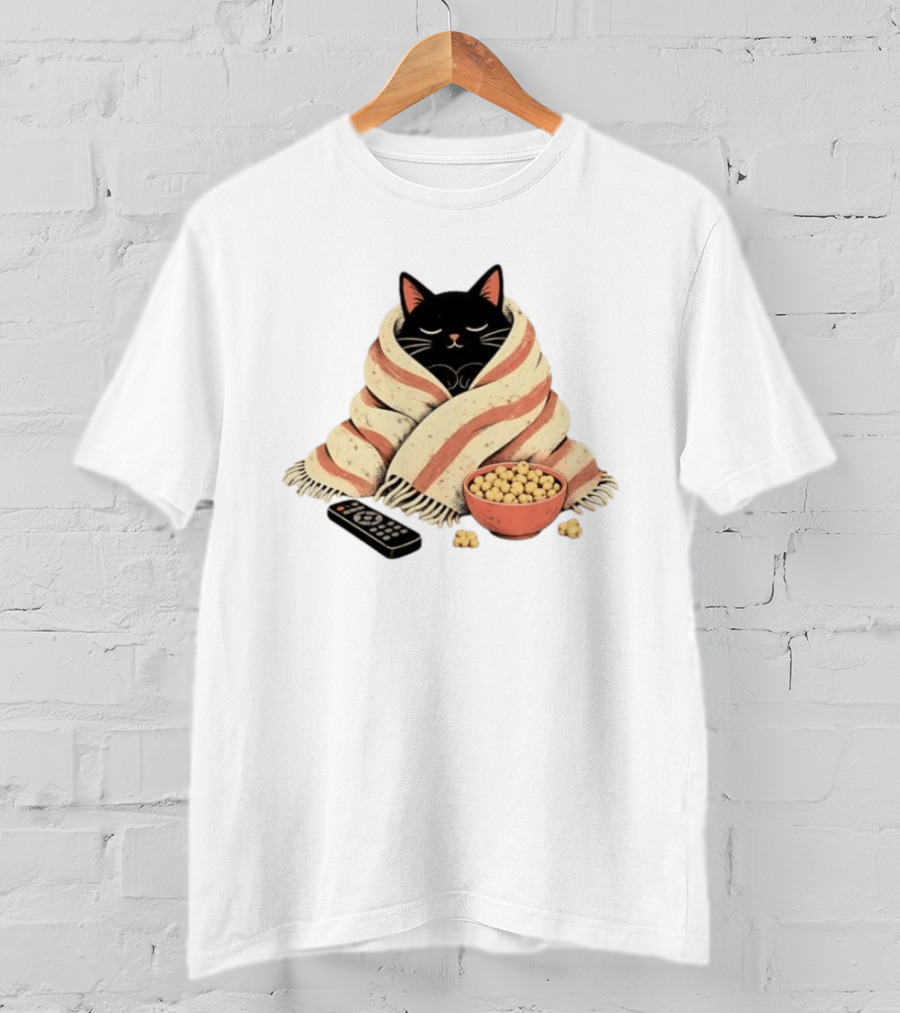 Cozy Black Cat Wrapped In Blanket With Popcorn And Remote T-Shirt