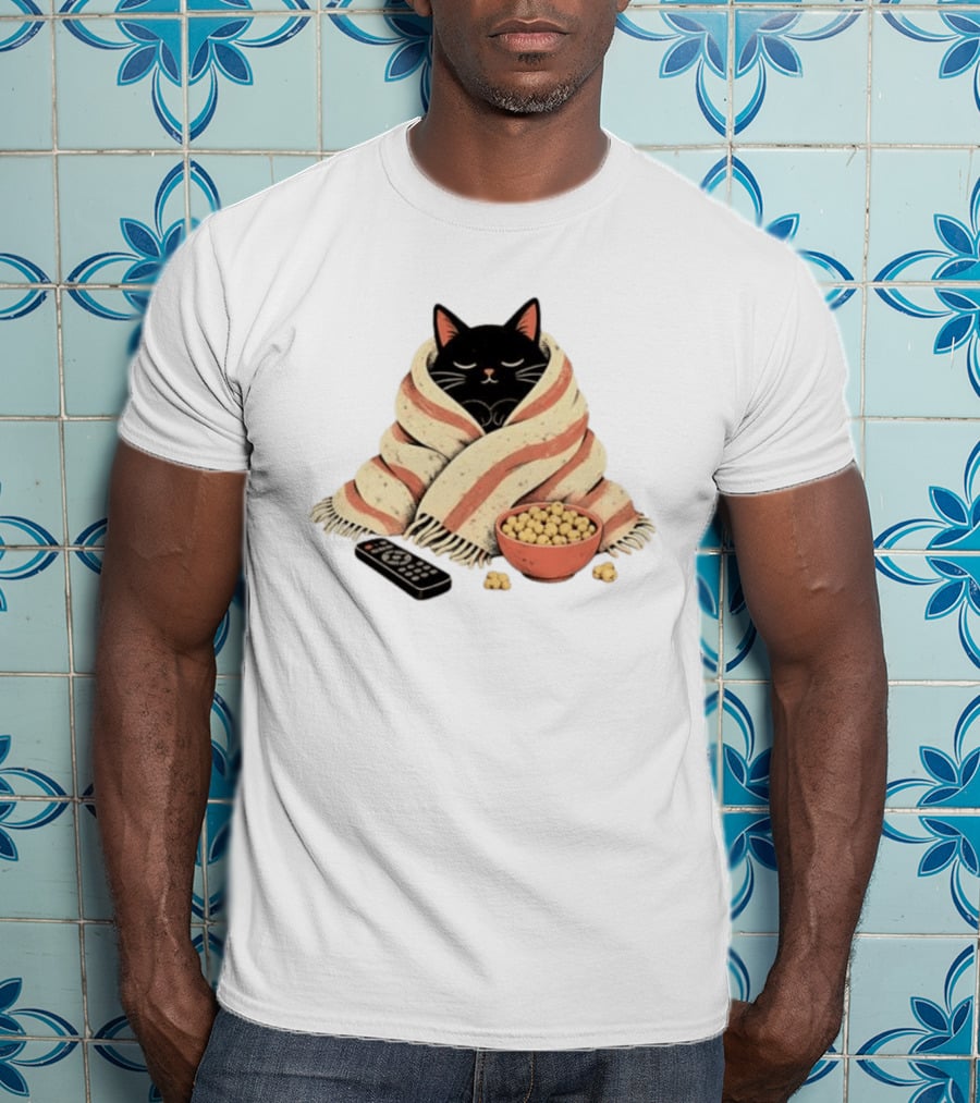 Cozy Black Cat Wrapped In Blanket With Popcorn And Remote T-Shirt