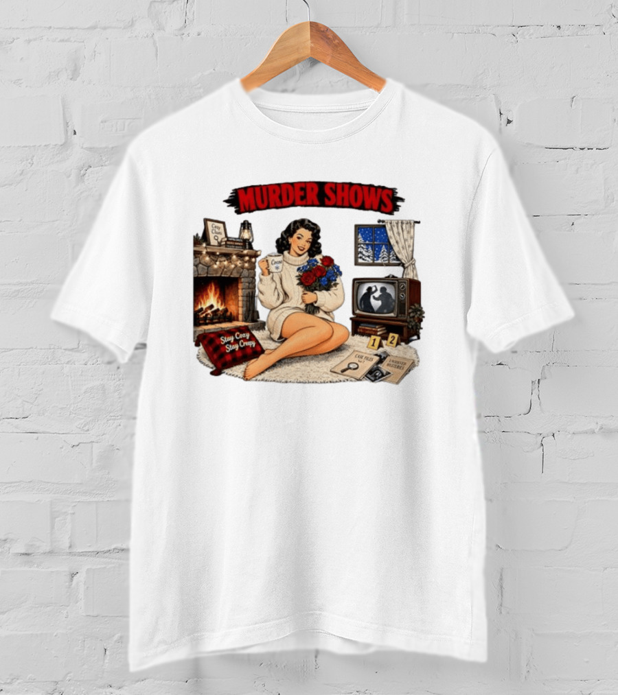 Murder Shows Cozy Creepy Mystery Scene With Fire, Roses, And Vintage TV T-Shirt