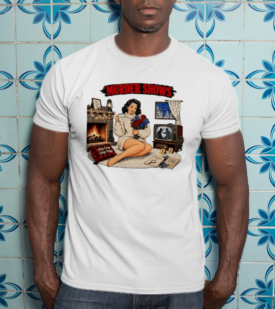 Murder Shows Cozy Creepy Mystery Scene With Fire, Roses, And Vintage TV T-Shirt