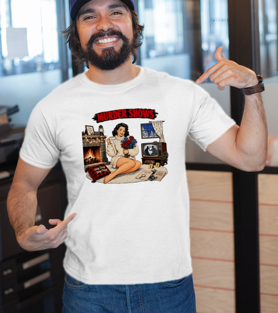 Murder Shows Cozy Creepy Mystery Scene With Fire, Roses, And Vintage TV T-Shirt