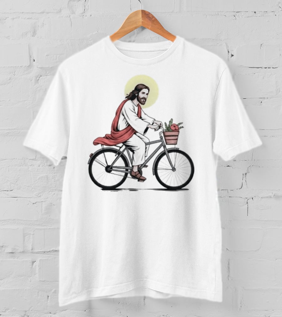 Christ On A Bike British Slang Jesus Cycling With Halo And Groceries T-Shirt