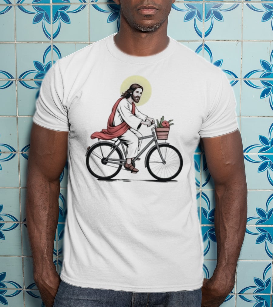 Christ On A Bike British Slang Jesus Cycling With Halo And Groceries T-Shirt