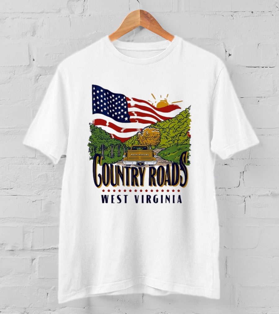 Country Roads West Virginia American USA Flag Vintage Truck Scenic Route T-Shirt