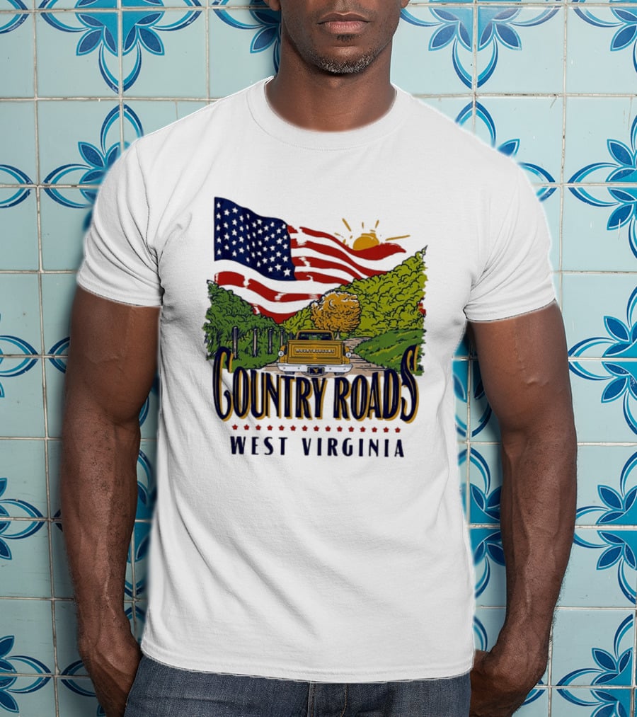 Country Roads West Virginia American USA Flag Vintage Truck Scenic Route T-Shirt