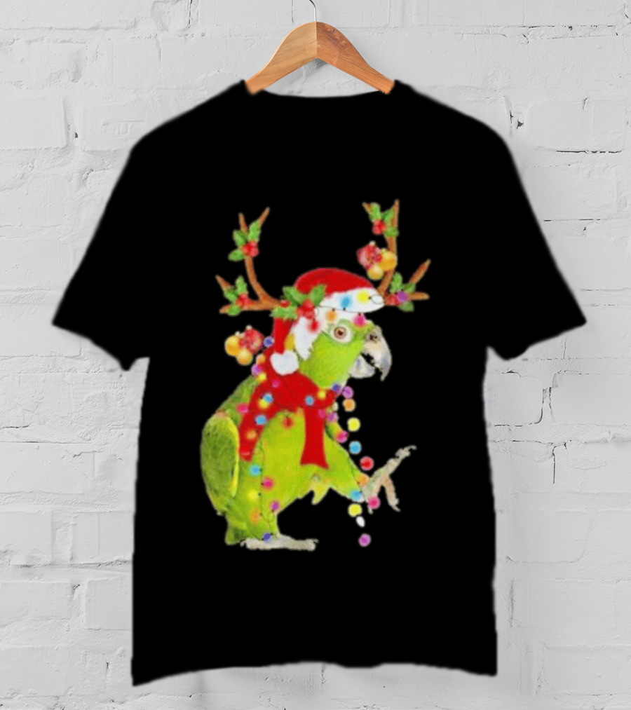 Festive Parrot Wearing Santa Hat And Reindeer Antlers T-Shirt