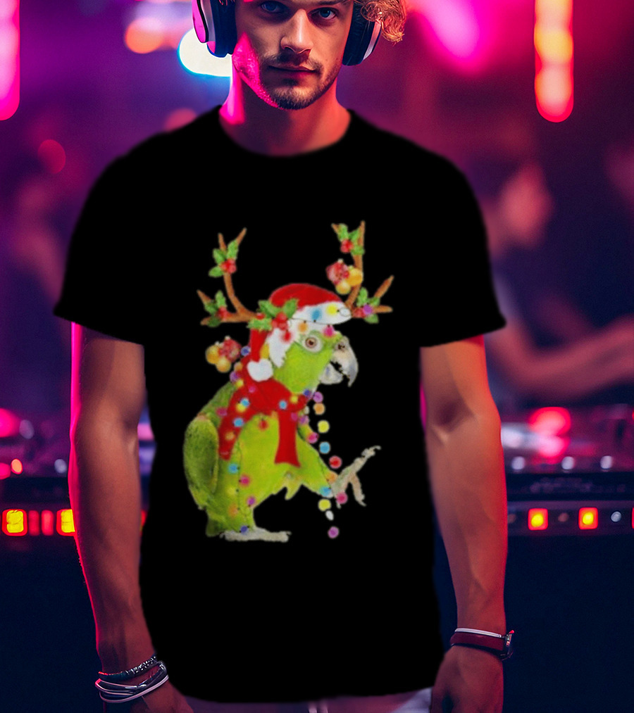 Festive Parrot Wearing Santa Hat And Reindeer Antlers T-Shirt