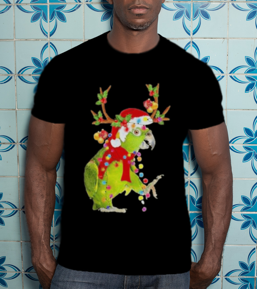 Festive Parrot Wearing Santa Hat And Reindeer Antlers T-Shirt
