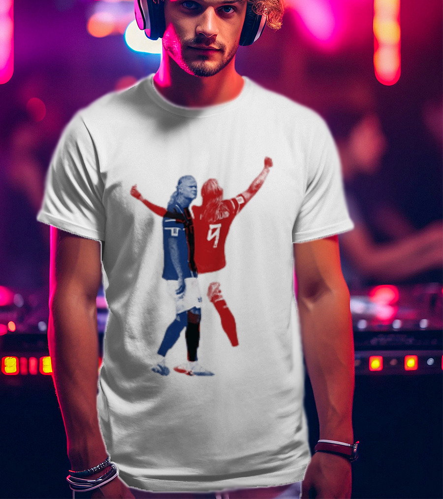 Erling Haaland Norway National Team Halftone Collage Blue And Red Number 9 T-Shirt