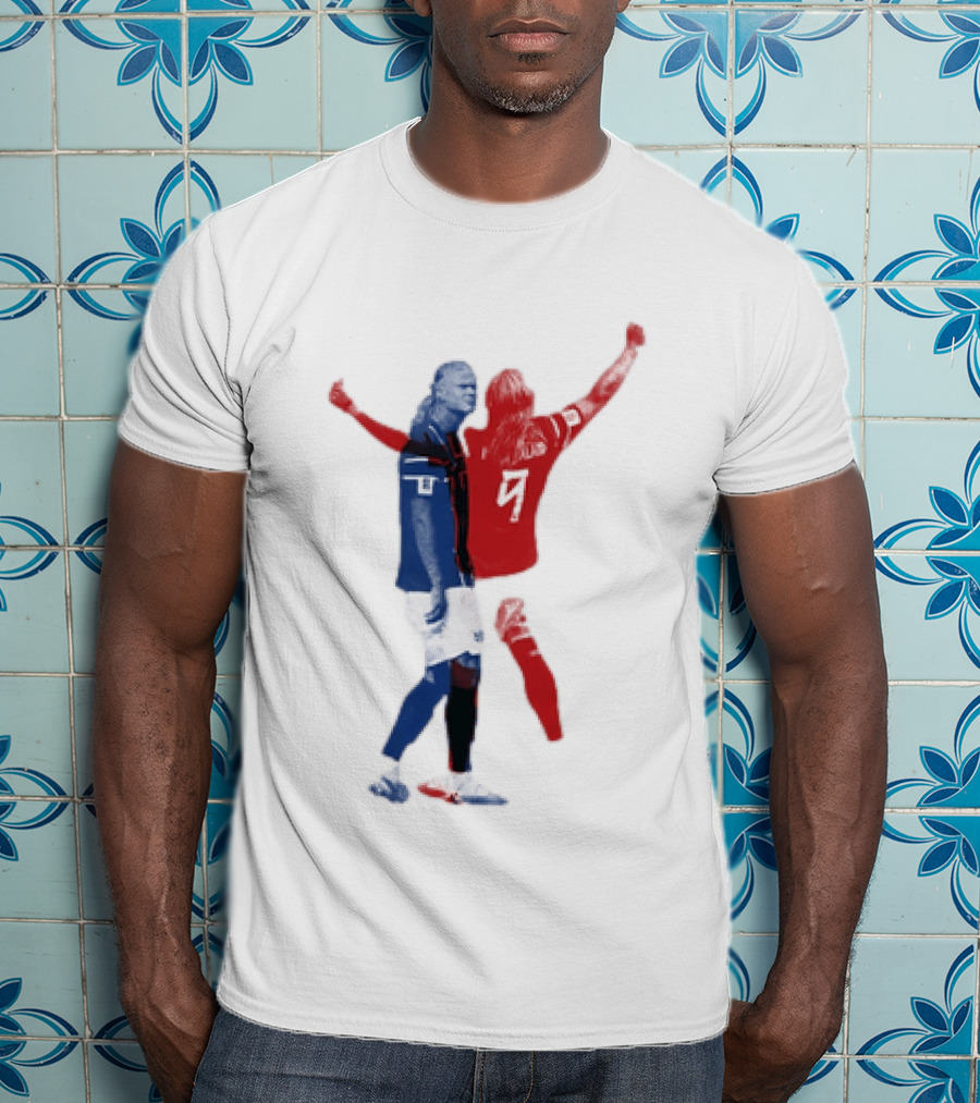 Erling Haaland Norway National Team Halftone Collage Blue And Red Number 9 T-Shirt