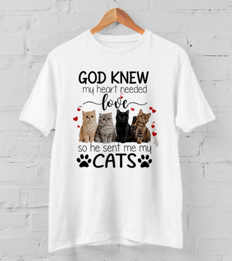 God Knew My Heart Needed Love So He Sent Me My Cats Cute Feline Companions With Paw Prints And Hearts T-Shirt