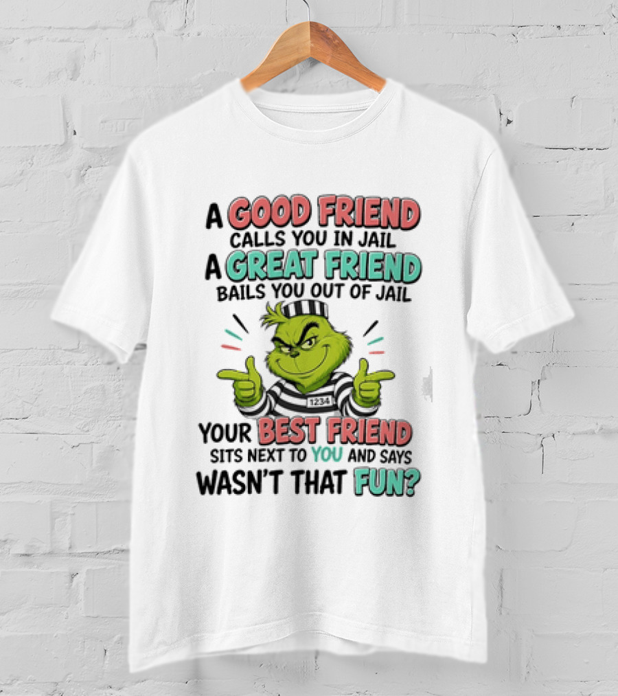 Grinch A Good Friend Calls You In Jail A Great Friend Bails You Out Your Best Friend Sits Next To You And Says Wasn't That Fun T-Shirt