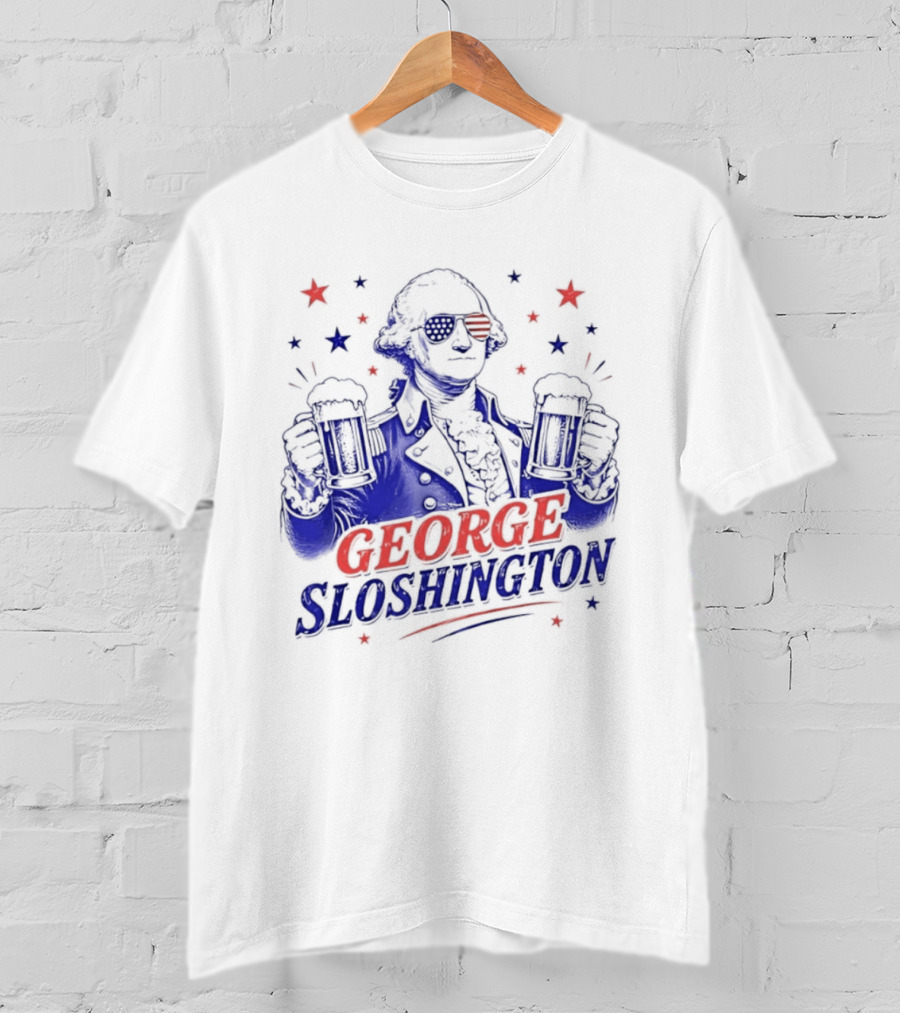 GEORGE SLOSHINGTON Party Patriot Drinking Beer Red White Blue Stars T-Shirt