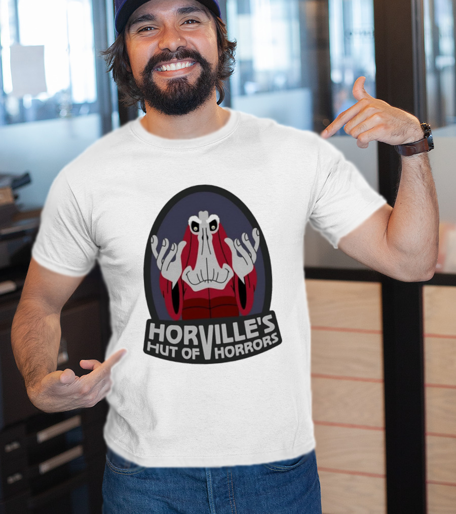 Horville's Hut Of Horrors Angry Red Clad Monster With Creepy Hands T-Shirt