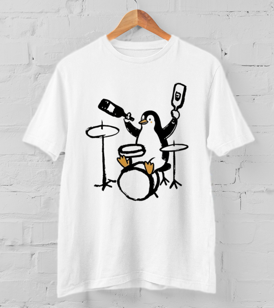 Penguin Playing Drums Drinking Wine With Bottle T-Shirt