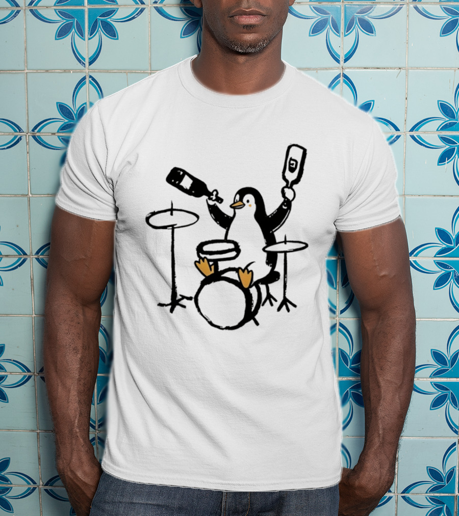 Penguin Playing Drums Drinking Wine With Bottle T-Shirt