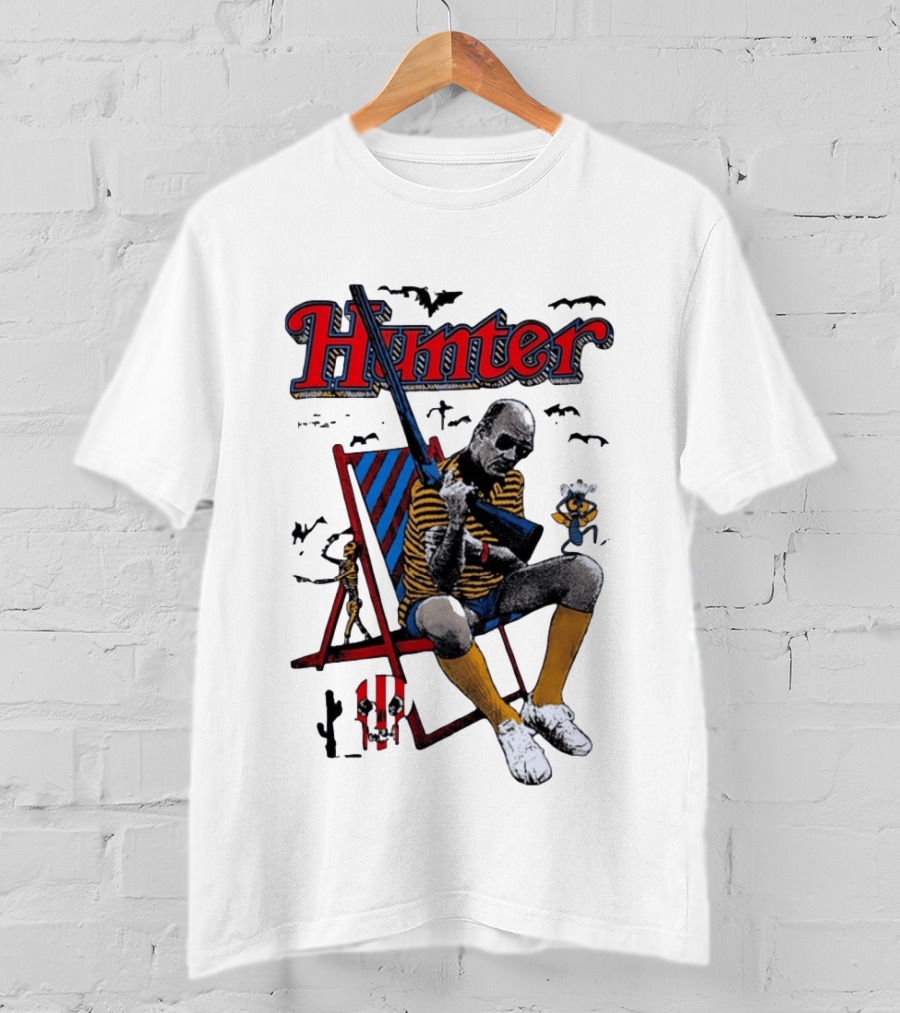Hunter July 18 1937 February 20 2005 Man Holding Rifle Striped Chair Yellow Socks T-Shirt