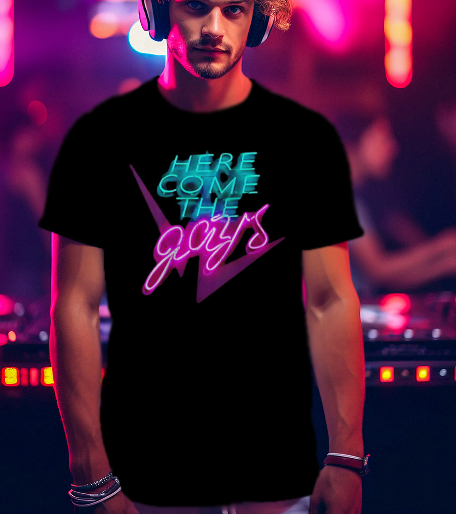 Here Come The Gays Neon Sign Vibrant LGBTQ+ Pride T-Shirt