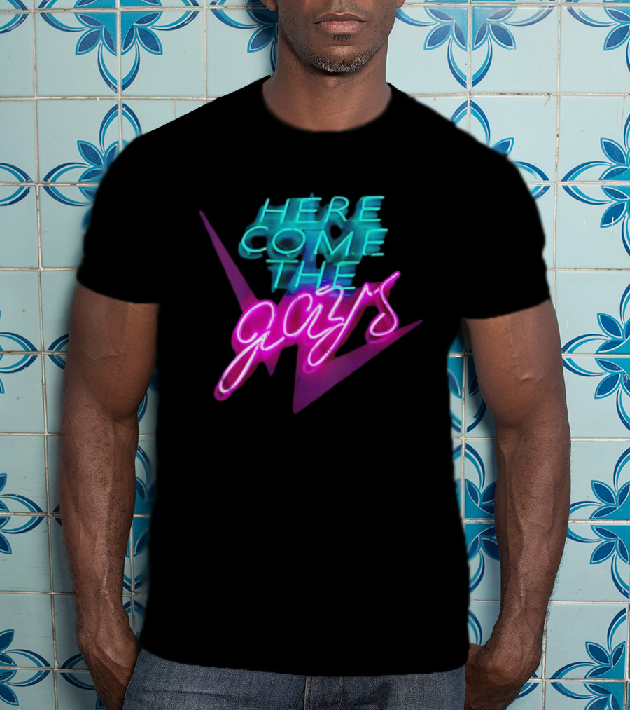 Here Come The Gays Neon Sign Vibrant LGBTQ+ Pride T-Shirt