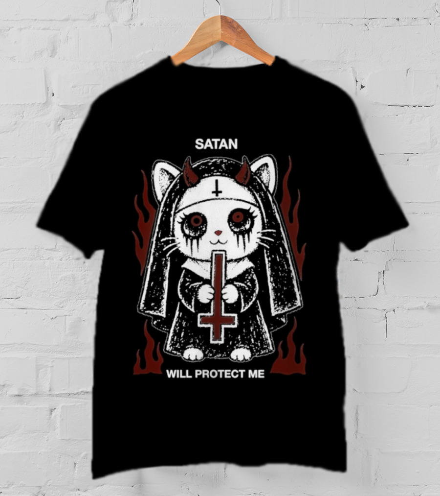 Satan Will Protect Me Goth Cat Nun Dark Aesthetic Devil Horns Fiery Flames T-Shirt