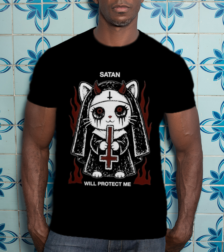 Satan Will Protect Me Goth Cat Nun Dark Aesthetic Devil Horns Fiery Flames T-Shirt