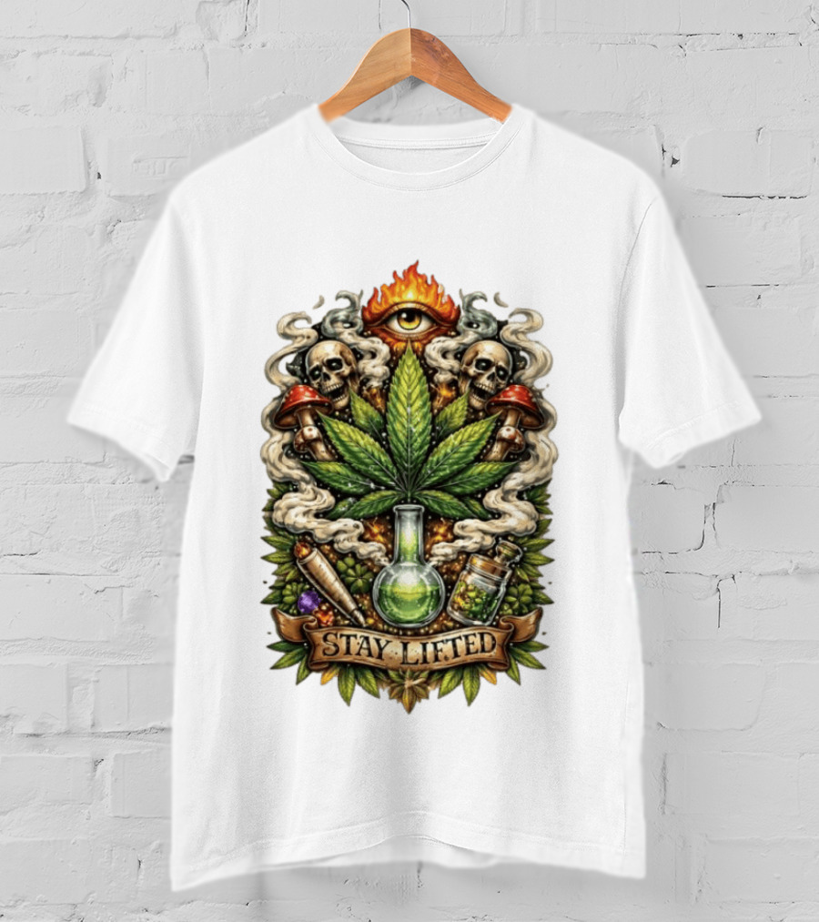 Cannabis Leaf Skull Mushroom Alchemy Eye Stay Lifted Weed Culture T-Shirt