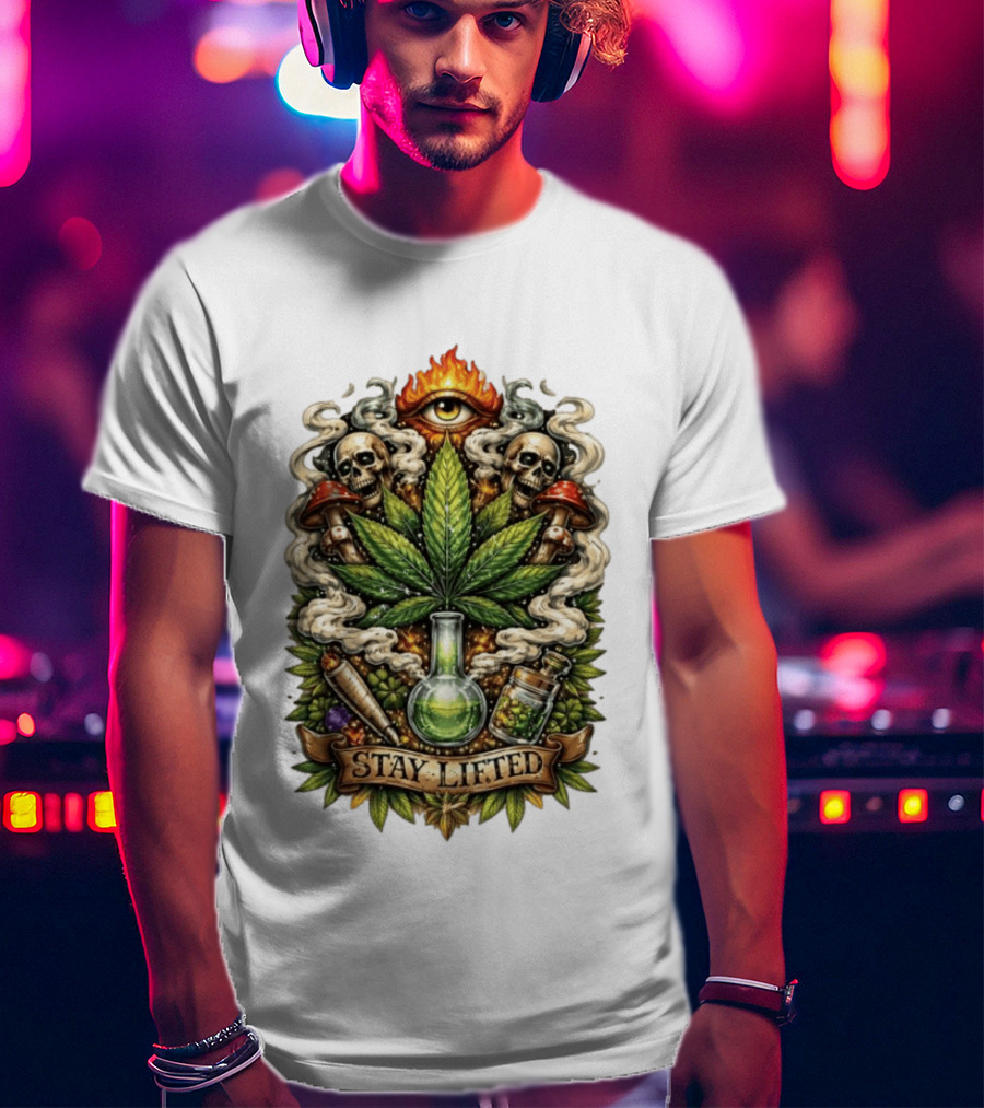 Cannabis Leaf Skull Mushroom Alchemy Eye Stay Lifted Weed Culture T-Shirt