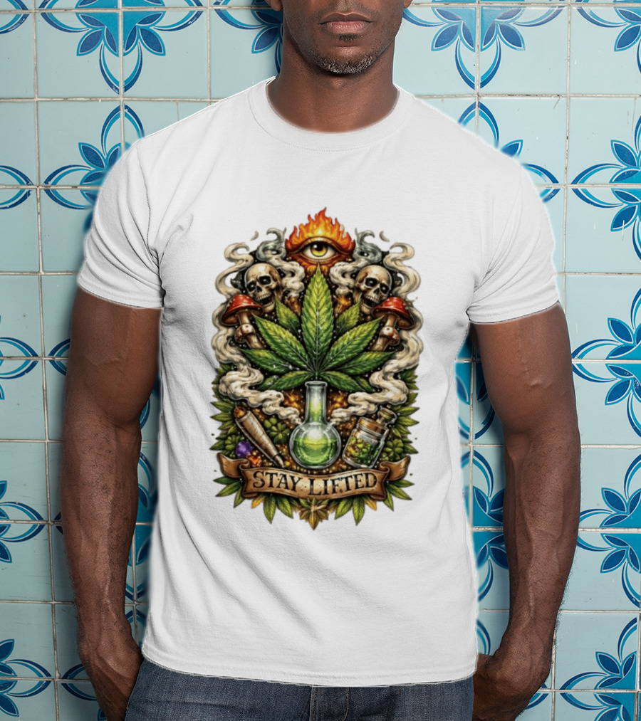 Cannabis Leaf Skull Mushroom Alchemy Eye Stay Lifted Weed Culture T-Shirt