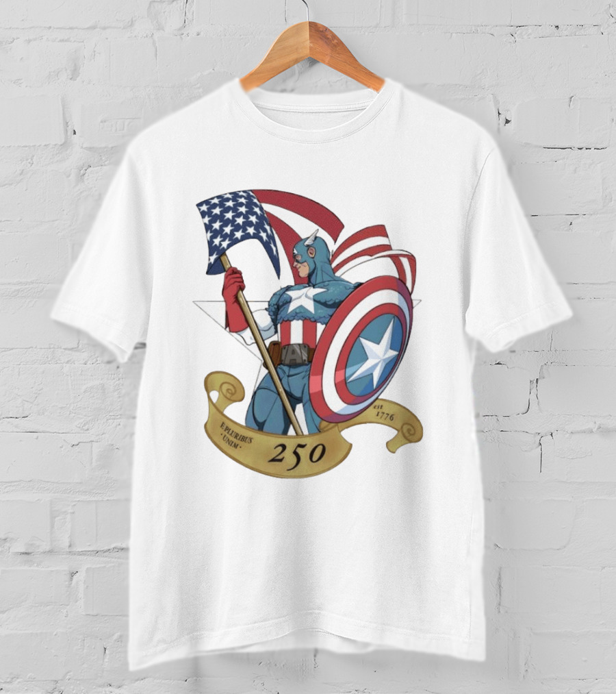 Captain America Marvel 250 E Pluribus Unum EST 1776 Patriotic Hero Shield American Flag T-Shirt