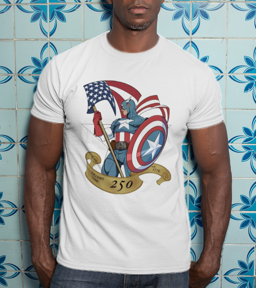 Captain America Marvel 250 E Pluribus Unum EST 1776 Patriotic Hero Shield American Flag T-Shirt