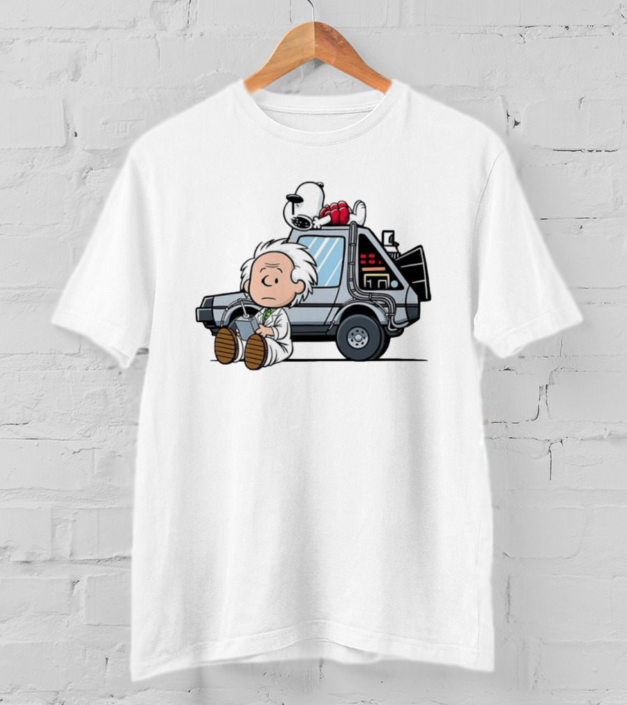Doc Brown Snoopy Back To The Future Delorean Time Machine Cartoon Mashup T-Shirt
